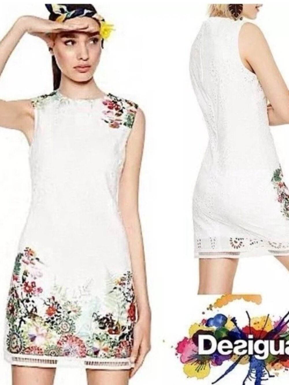 Desigual White Eyelet Floral Bird Print Shift Dress Size 42